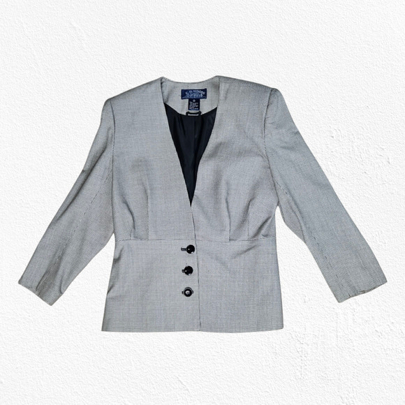 1980s Vintage Black Houndstooth E.H. Woods Power Suit Jacket Blazer Size 10 - Picture 1 of 7